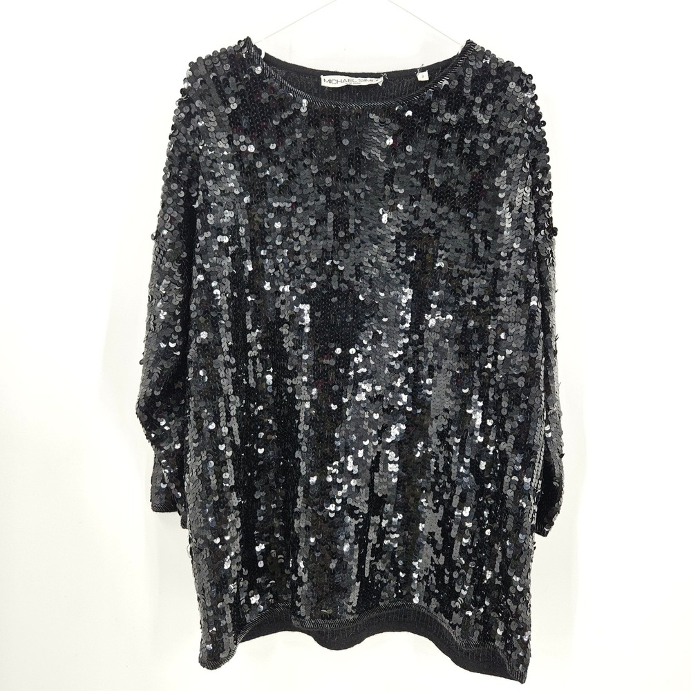 Vintage Michael Simon Sequin Oversized Sweater Black Beaded Trim Evening Size 2X